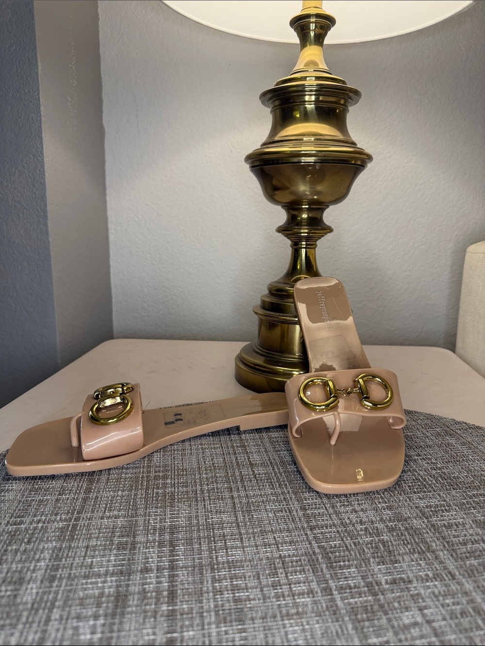 Jeffrey Campbell Nude Patent Slide Sandals with Gold Double Rings